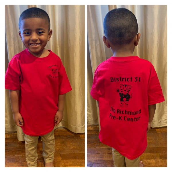 child picture from front and back wearing the richmond prek shirt